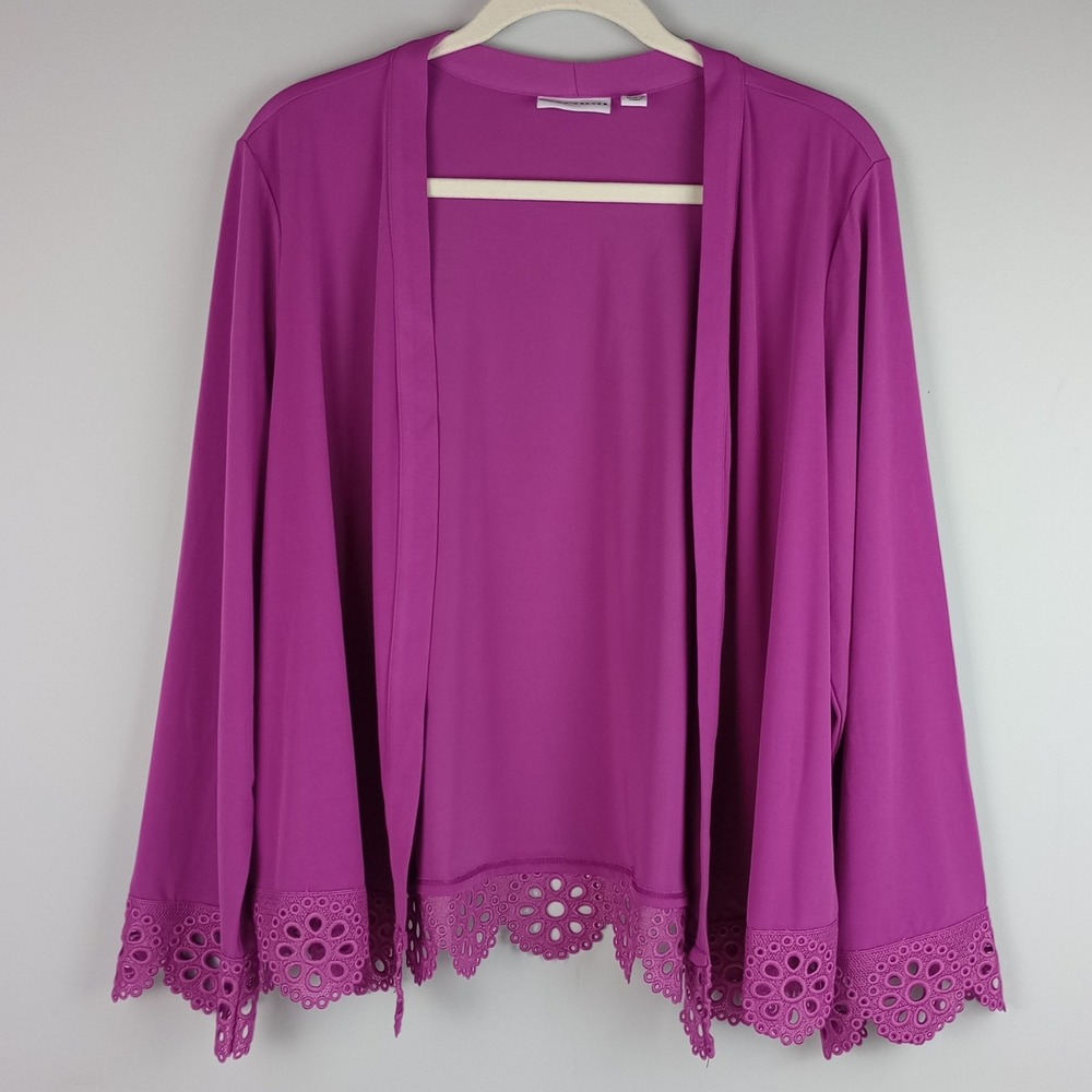 Susan Graver Womens L Purple Eyelet Trim Open Front Lightweight Cardigan